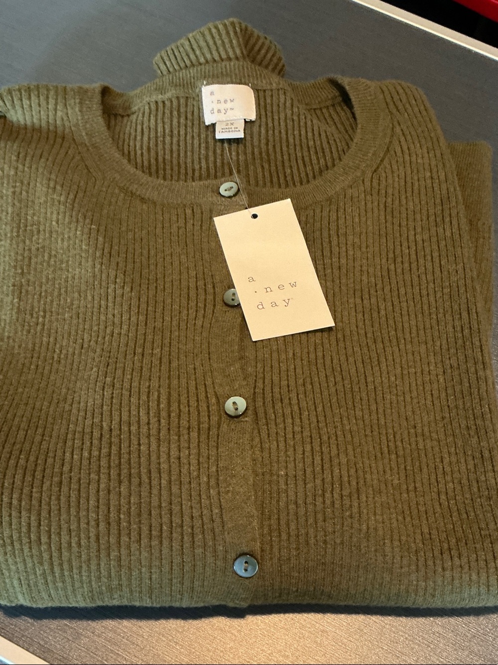 Olive Green Ribbed Button-Front Cardigan - Picture 6 of 6